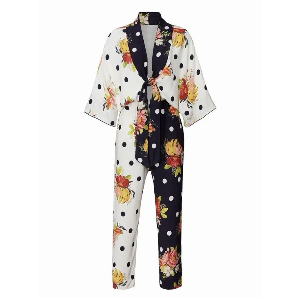 Farm Rio Mixed Nanaju Jumpsuit M Floral Polka Dot Tropical Whimsy Cottagecore - Picture 3 of 16